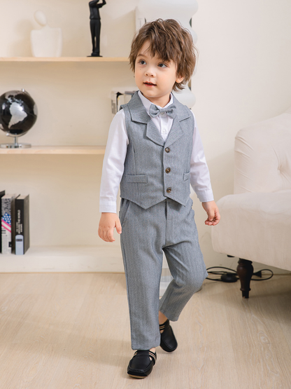 Elegantno dječje odijelo u 3 dijela – Plava košulja, prsluk i hlače s leptir mašnom