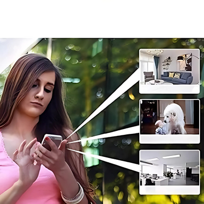 Mini câmara de segurança sem fios – compacta e fina para monitorização residencial.