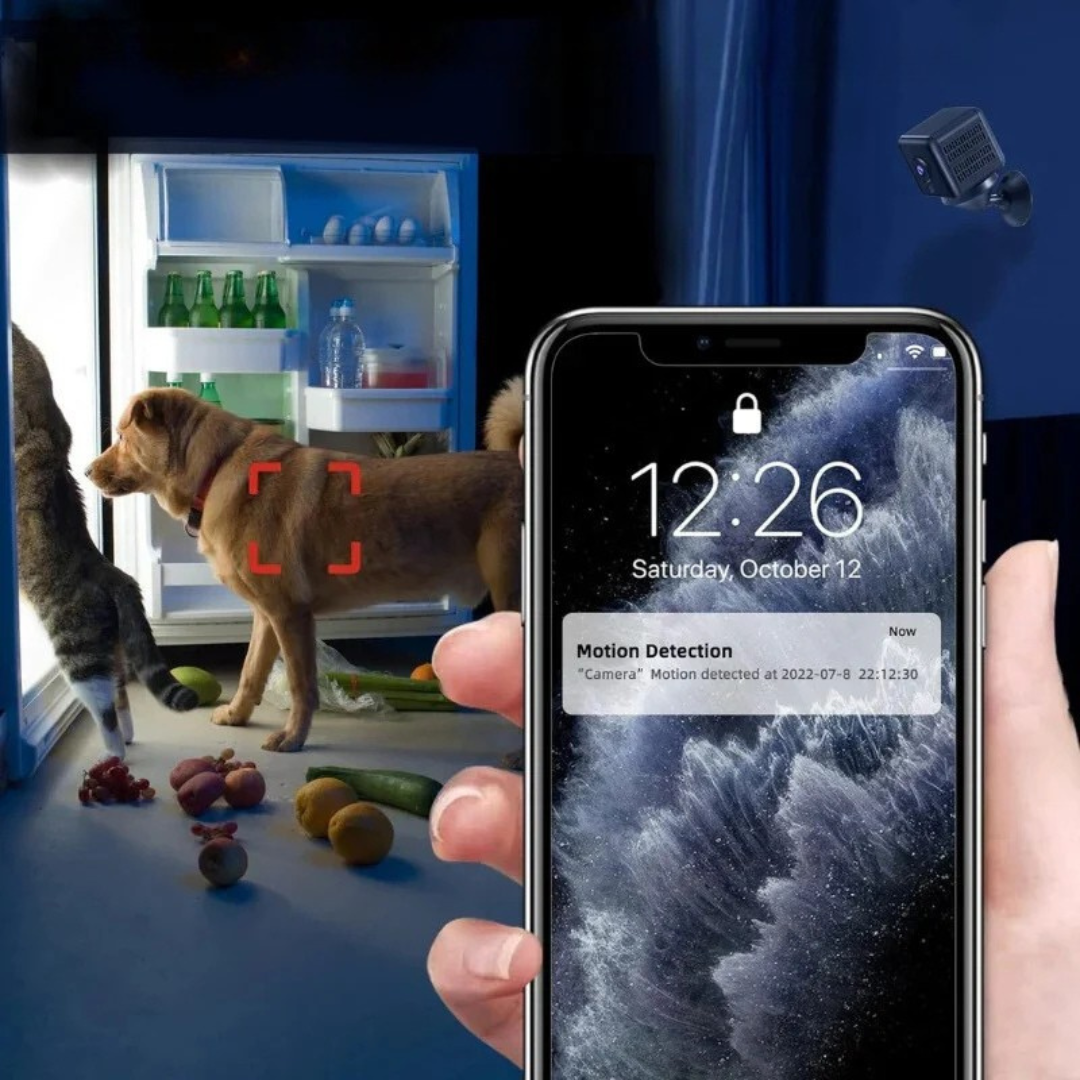 Mini câmara de segurança sem fios – compacta e fina para monitorização residencial.