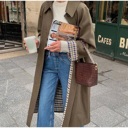 Damen Trenchcoat mit Reverskragen und Karomuster