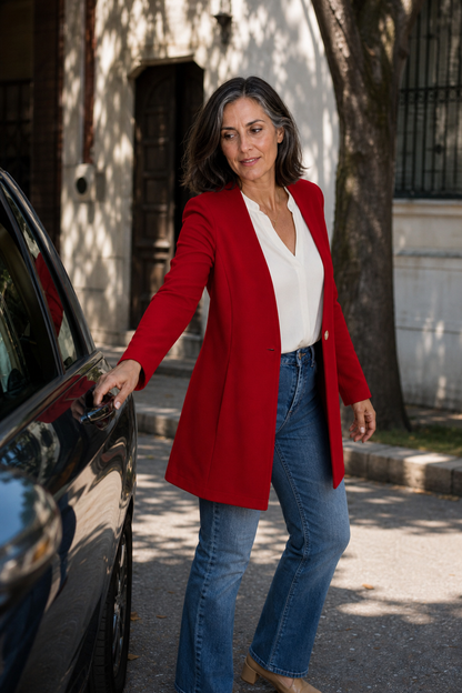 Damen Longblazer mit V-Ausschnitt und Knopfverschluss