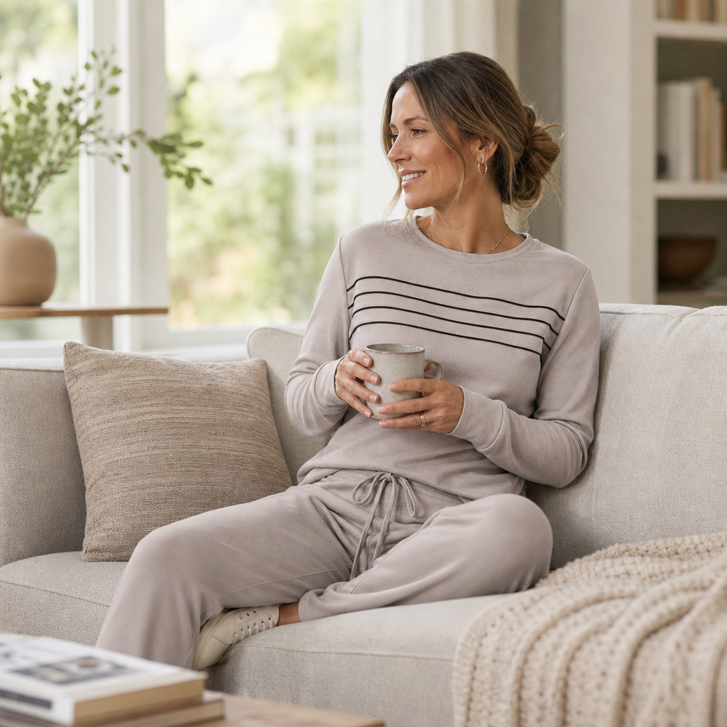Damen Zweiteiler mit Rundhalsshirt und Hose mit Kordelzug