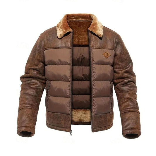 Herren Steppjacke aus Kunstleder mit isolierter Winterjacke und Sherpa-Kragen