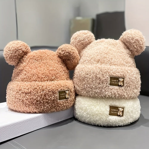Plüsch-Beanie mit Bärenohren und Umschlag