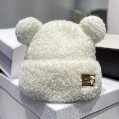 Plüsch-Beanie mit Bärenohren und Umschlag