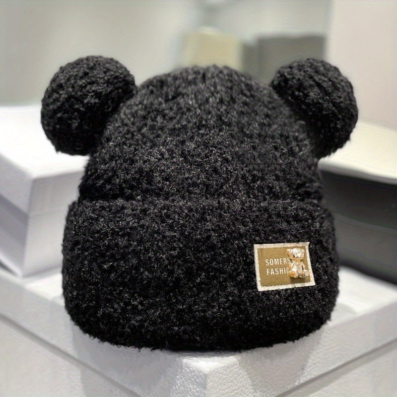 Plüsch-Beanie mit Bärenohren und Umschlag