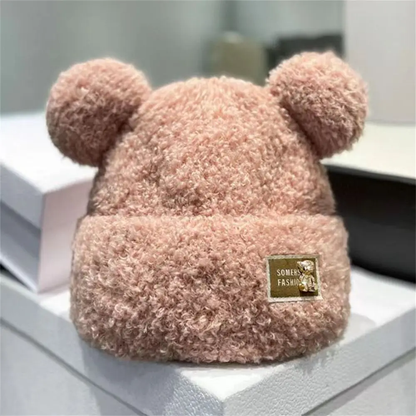Plüsch-Beanie mit Bärenohren und Umschlag