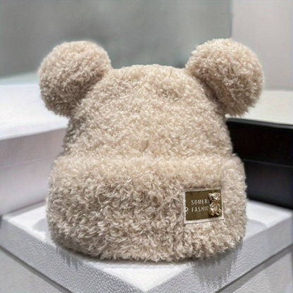 Plüsch-Beanie mit Bärenohren und Umschlag