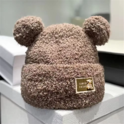 Plüsch-Beanie mit Bärenohren und Umschlag
