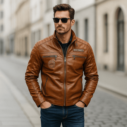 Chaqueta de motociclista para hombre con cremallera y cuello mao