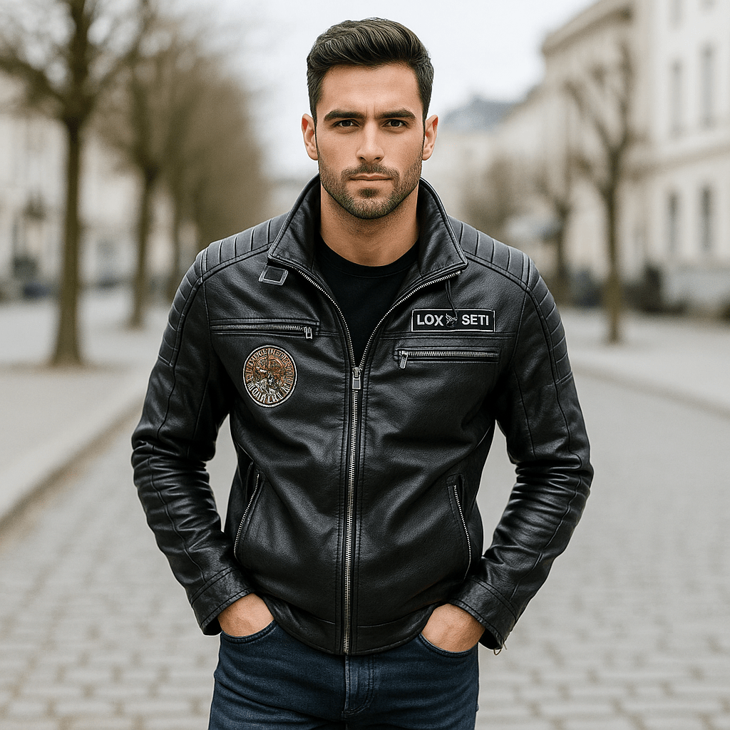 Chaqueta de motociclista para hombre con cremallera y cuello mao