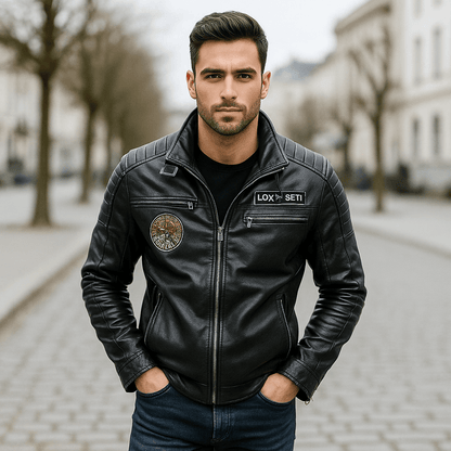 Chaqueta de motociclista para hombre con cremallera y cuello mao