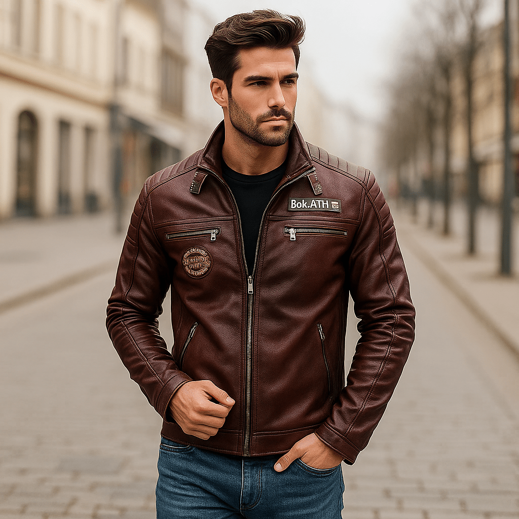 Chaqueta de motociclista para hombre con cremallera y cuello mao