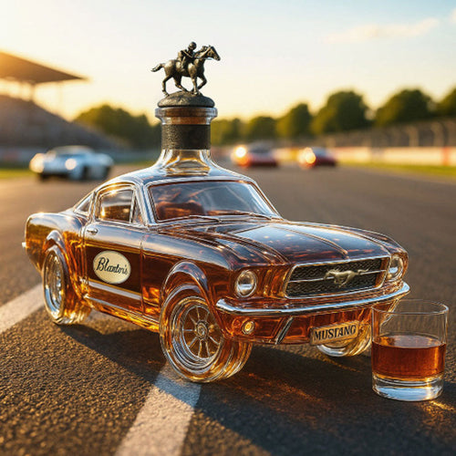 Decantador de whisky automático de vidrio con diseño de coche clásico y figura de caballo