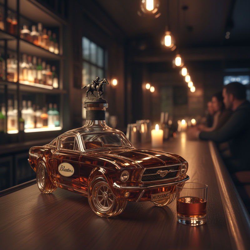 Decantador de whisky automático de vidrio con diseño de coche clásico y figura de caballo