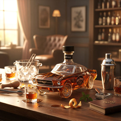 Decantador de whisky automático de vidrio con diseño de coche clásico y figura de caballo