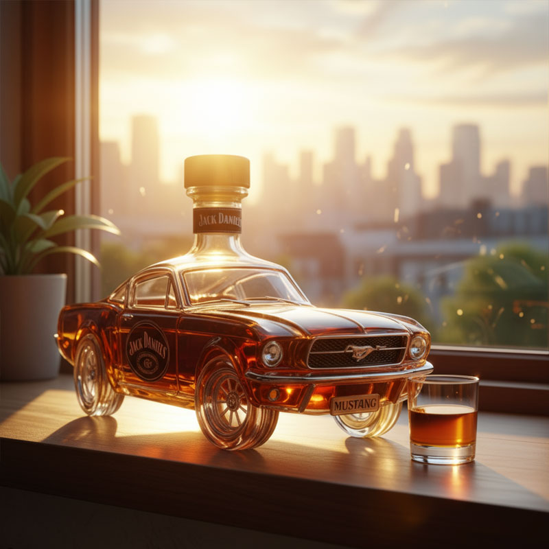 Decantador de whisky automático de vidrio con diseño de coche clásico y figura de caballo