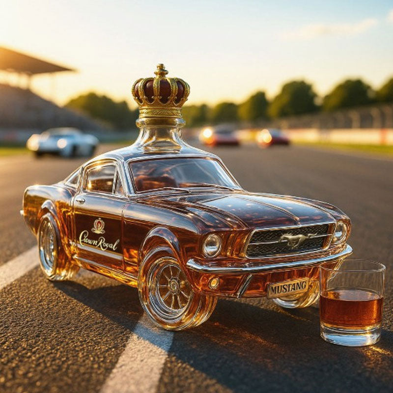 Decantador de whisky automático de vidrio con diseño de coche clásico y figura de caballo