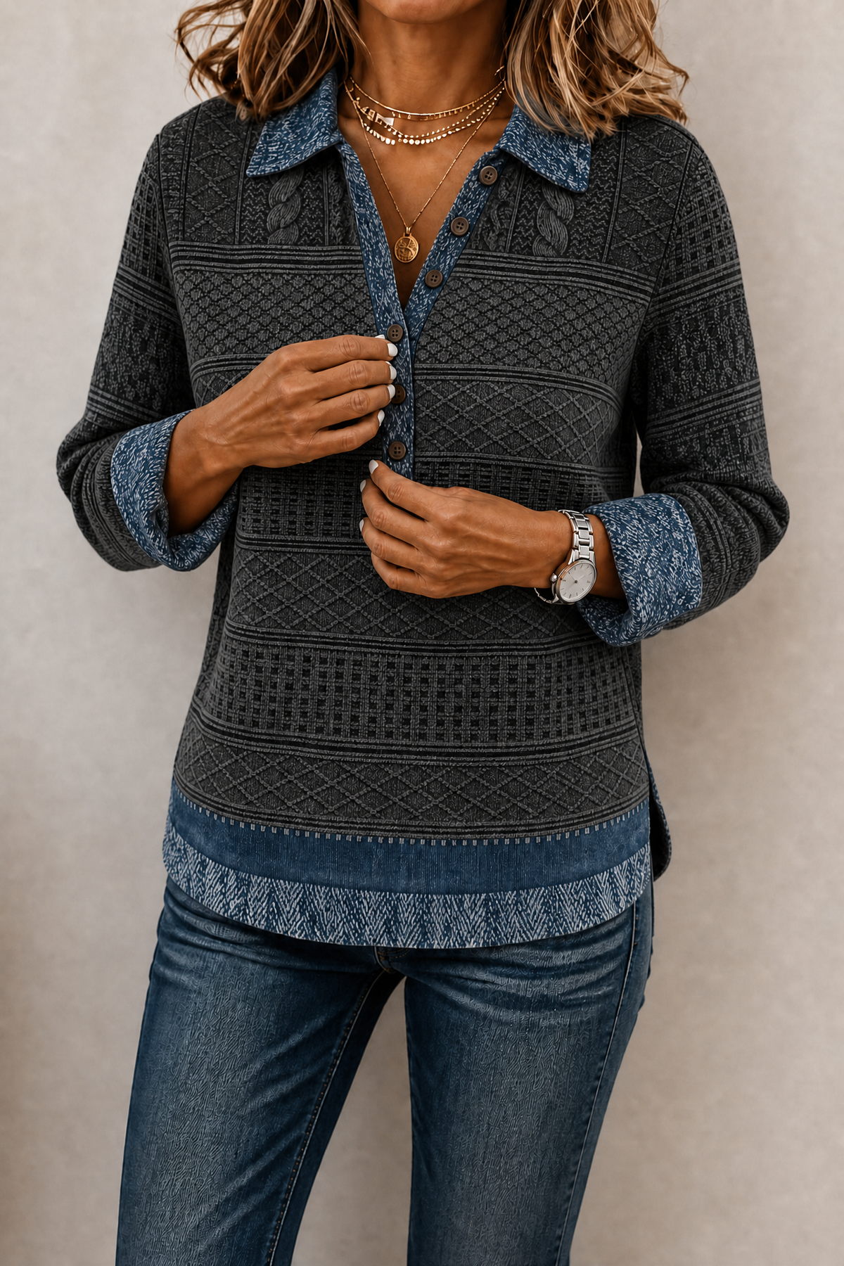 Damen Langarmshirt mit Jeansdetails und Knopfleiste