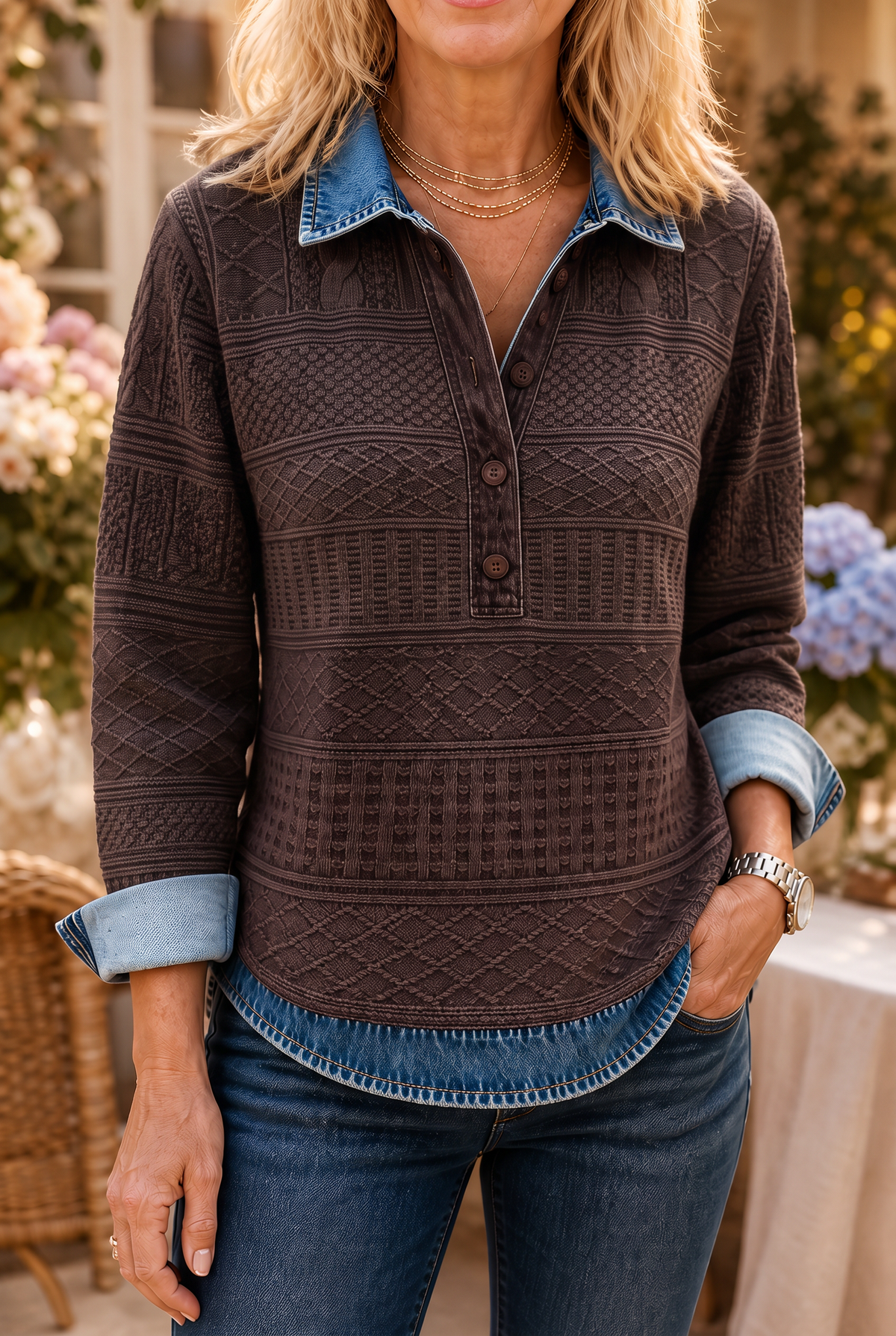 Damen Langarmshirt mit Jeansdetails und Knopfleiste