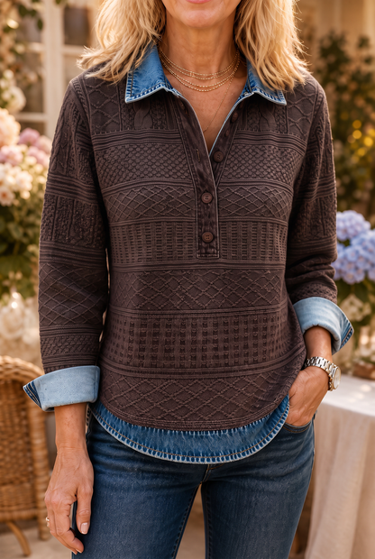 Damen Langarmshirt mit Jeansdetails und Knopfleiste