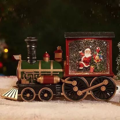 Comboio de Natal iluminado com efeito de neve