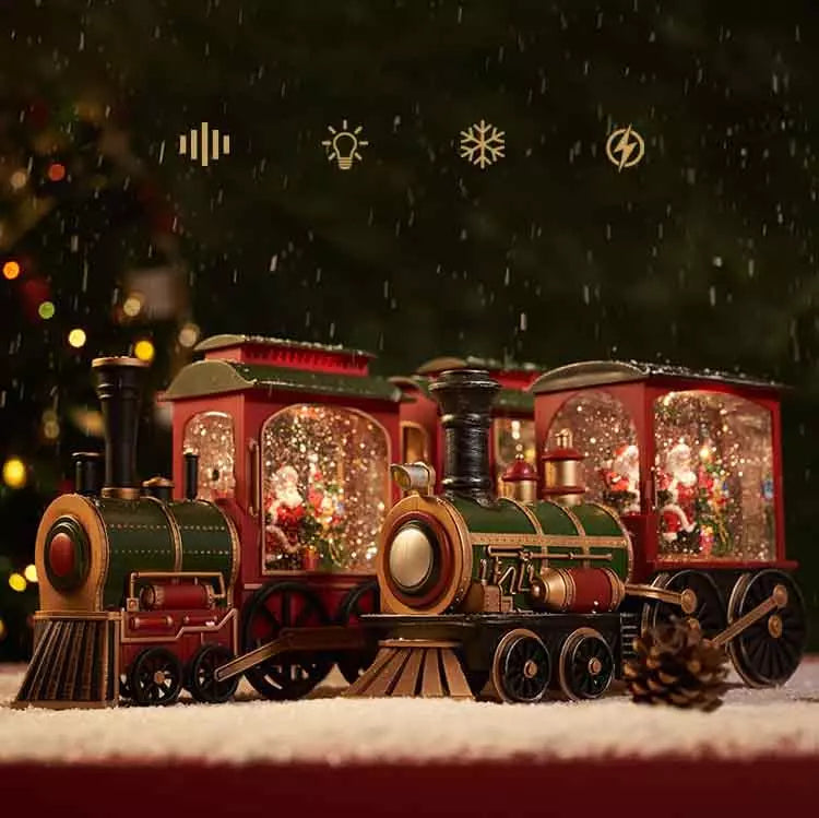 Comboio de Natal iluminado com efeito de neve
