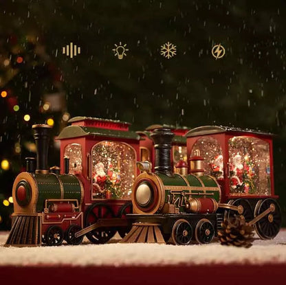 Comboio de Natal iluminado com efeito de neve