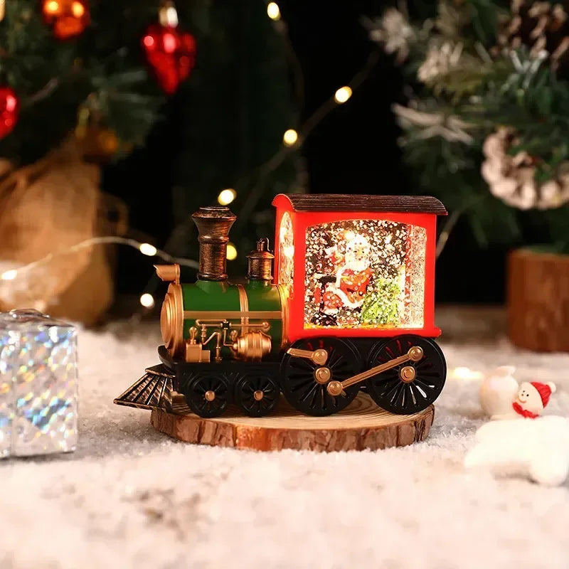 Comboio de Natal iluminado com efeito de neve