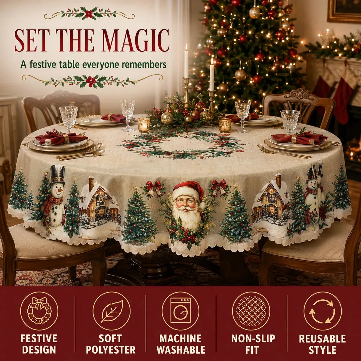 Mantel de mesa navideño con motivos navideños festivos clásicos para el hogar