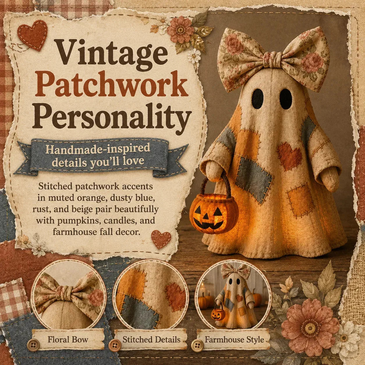 Figura de fantasma de patchwork iluminada como decoración de Halloween