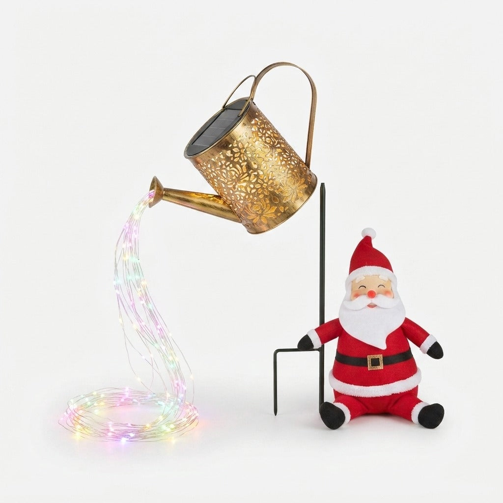 Regador de Natal a energia solar com Pai Natal e cascata de luzes LED multicoloridas