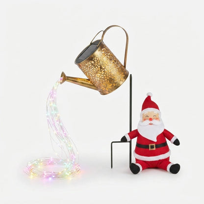 Regador de Natal a energia solar com Pai Natal e cascata de luzes LED multicoloridas