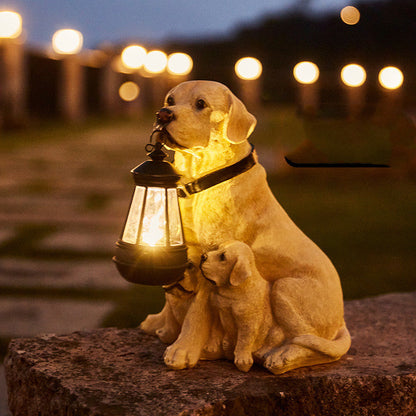 Figura solar de jardín de un perro con un cachorro y una linterna LED como decoración de jardín