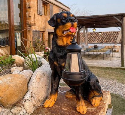 Figura solar de jardín de un perro con un cachorro y una linterna LED como decoración de jardín