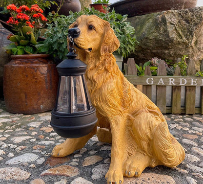 Figura solar de jardín de un perro con un cachorro y una linterna LED como decoración de jardín