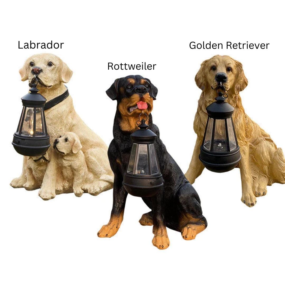 Figura solar de jardín de un perro con un cachorro y una linterna LED como decoración de jardín