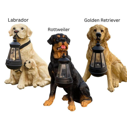 Figura solar de jardín de un perro con un cachorro y una linterna LED como decoración de jardín