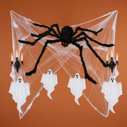 Riesige Halloween-Spinne mit beweglichen Beinen und Spinnennetz