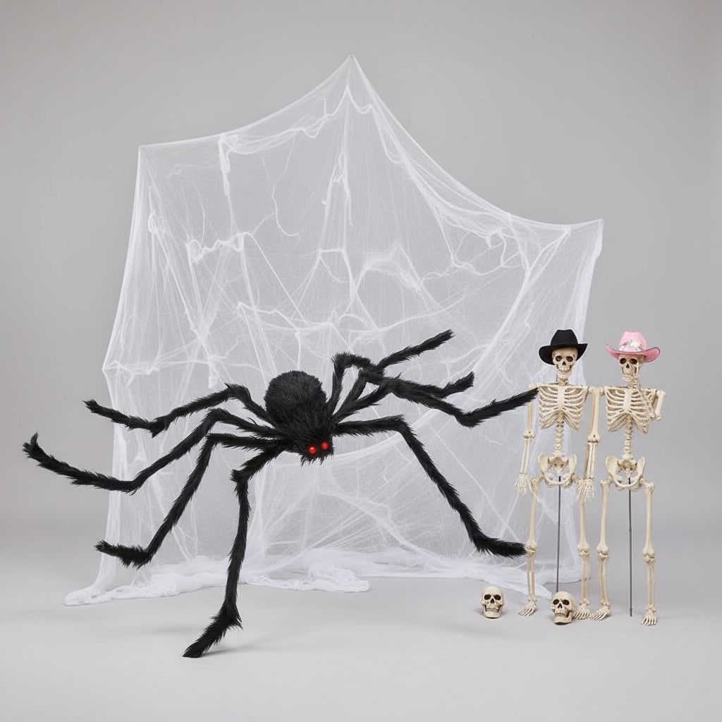 Riesige Halloween-Spinne mit beweglichen Beinen und Spinnennetz