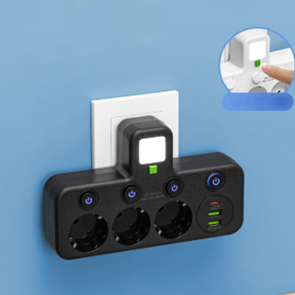 Regleta de pared con 4 tomas, puertos USB y luz nocturna