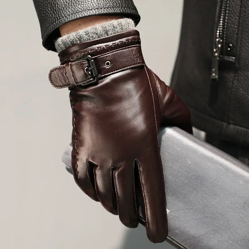Guantes de cuero para hombre con forro de cachemira y función para pantalla táctil