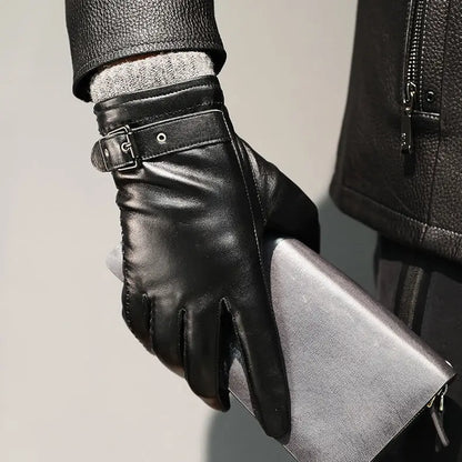 Guantes de cuero para hombre con forro de cachemira y función para pantalla táctil