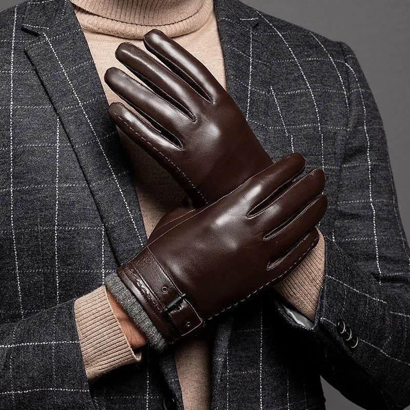 Guantes de cuero para hombre con forro de cachemira y función para pantalla táctil