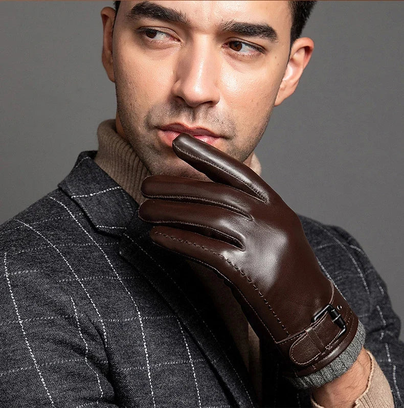 Guantes de cuero para hombre con forro de cachemira y función para pantalla táctil