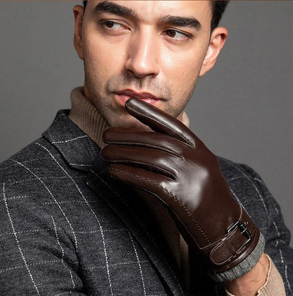 Guantes de cuero para hombre con forro de cachemira y función para pantalla táctil