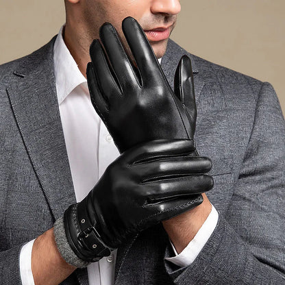 Guantes de cuero para hombre con forro de cachemira y función para pantalla táctil