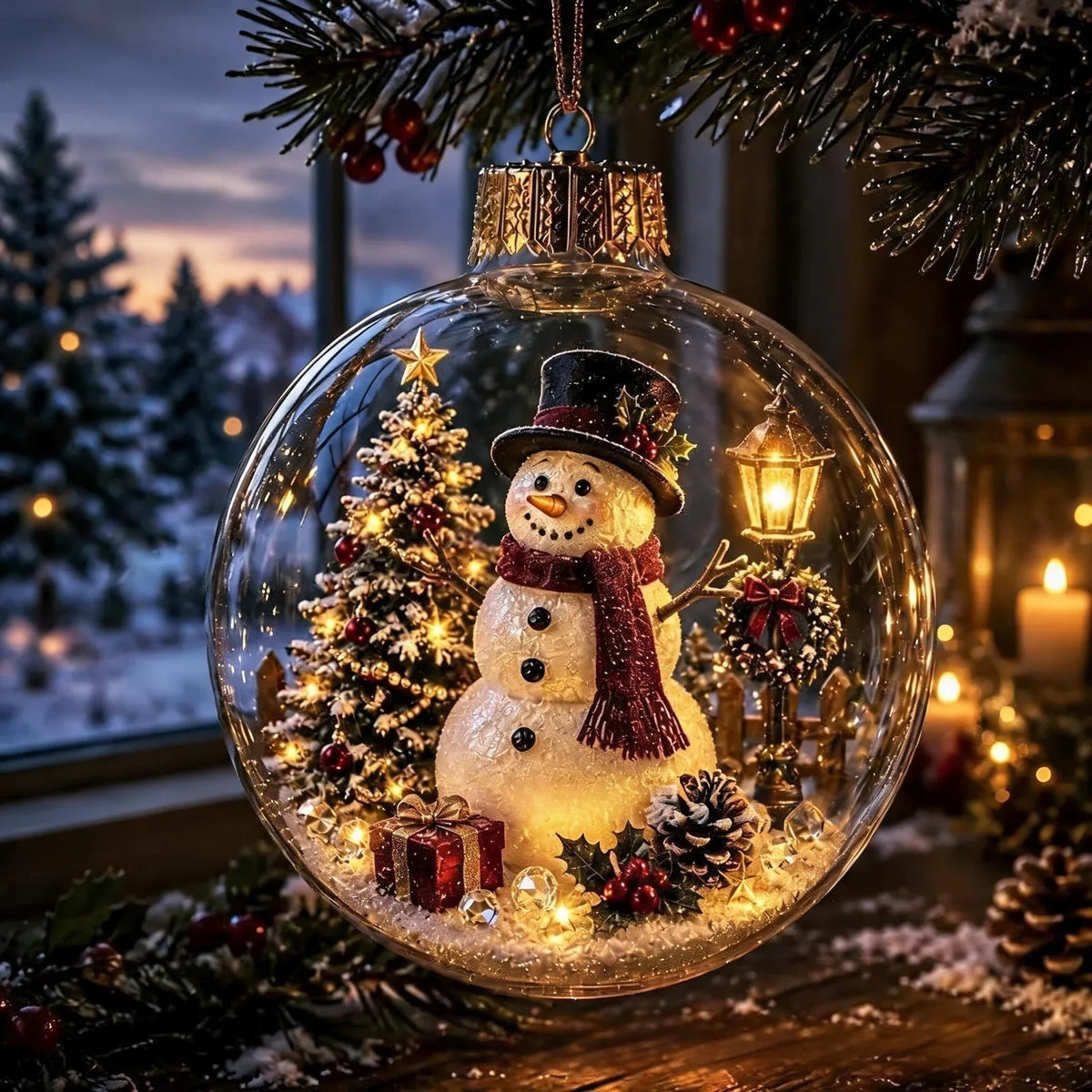 Bola de Navidad iluminada con decoración en miniatura de invierno