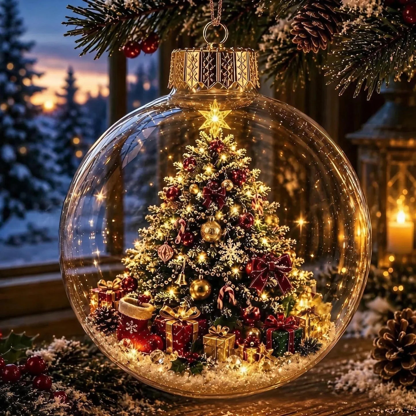 Bola de Navidad iluminada con decoración en miniatura de invierno
