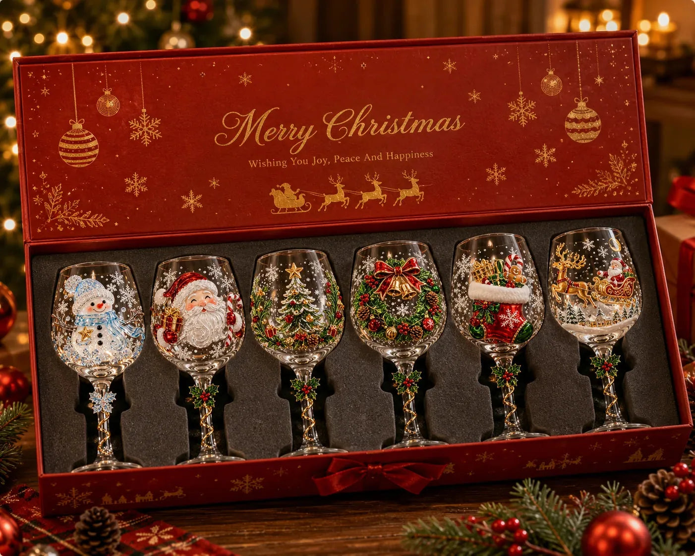 Copa de vino navideña con decoración festiva tridimensional para regalar